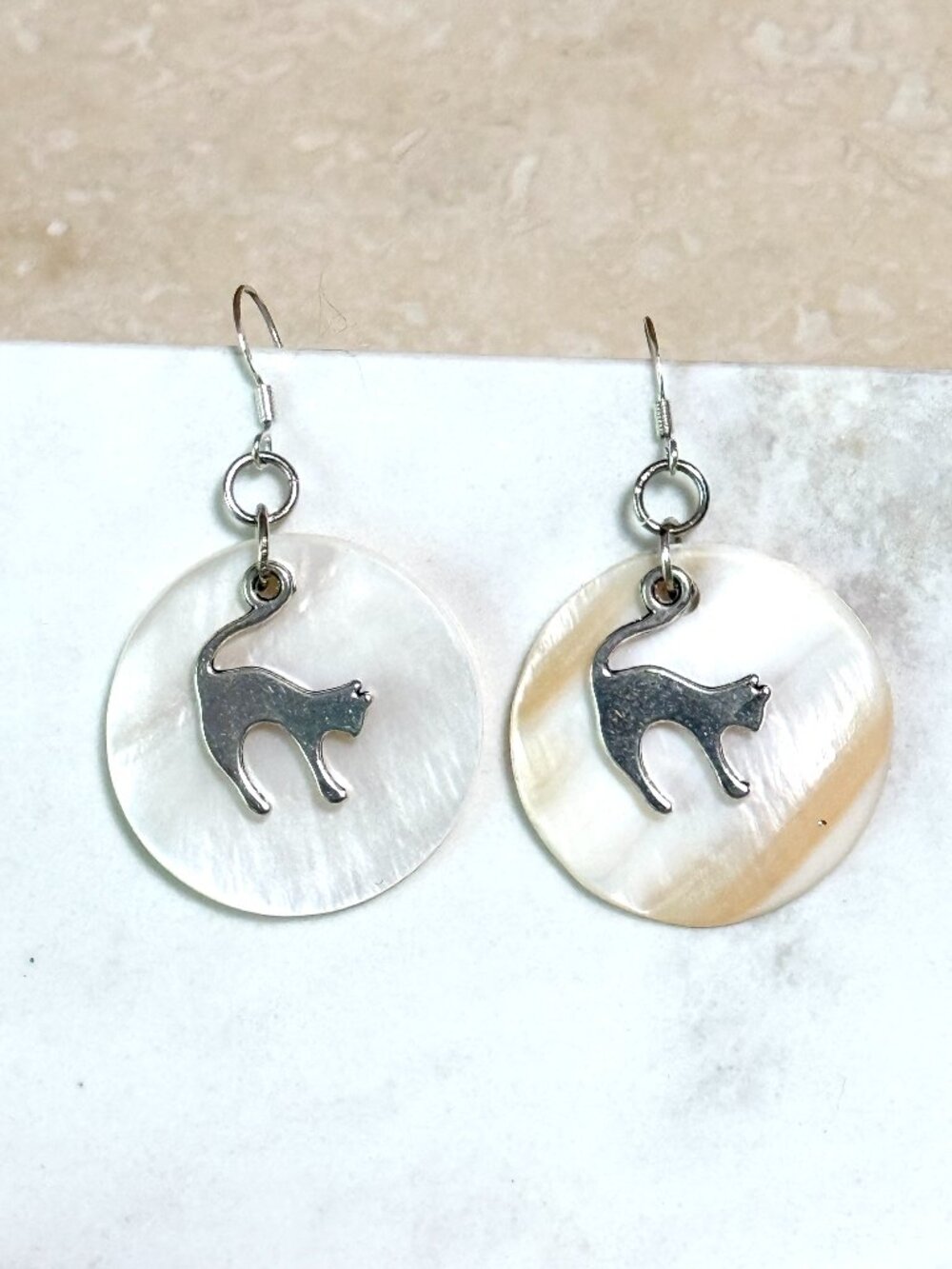 2/$20, Mother of Pearl Cute Slim Cat Dangle Earrings + Sterling Silver Hooks